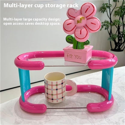 Trendy Dopamine Cup Holder with Multi-Layer Contrast Color Storage Rack